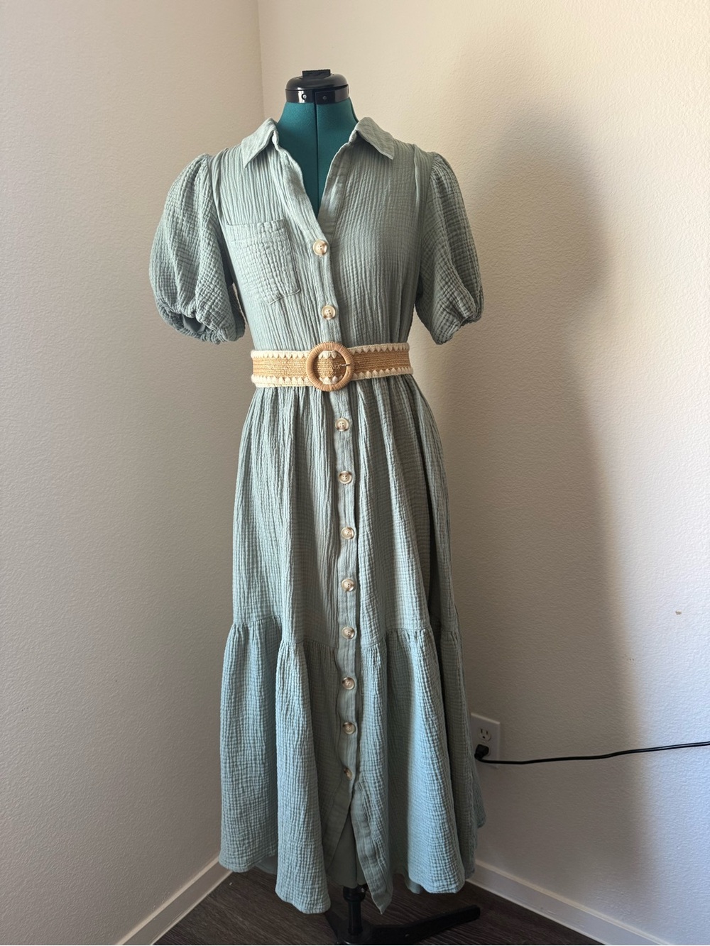 Fashion Nova Sage Green Cotton Dress with Puff Sleeves
